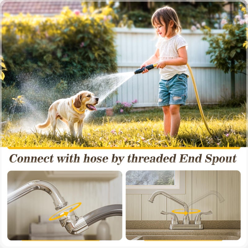 Phiestina Centerset 4 Inch 2 or 3 Hole Chrome Utility Sink/Laundry Faucet 2 Pack, with Rotatable Swivel 360 Spout and Garden Hose Threaded End, with Water Supply Line,BF025-7-C-2PACK - Image 4